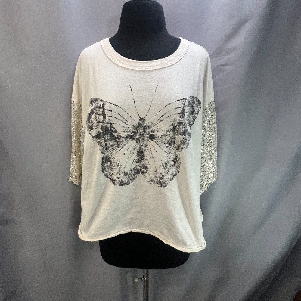 Arula Butterfly Crop Top Womens Beige Cotton Graphic Sequin Embellished Sleeves